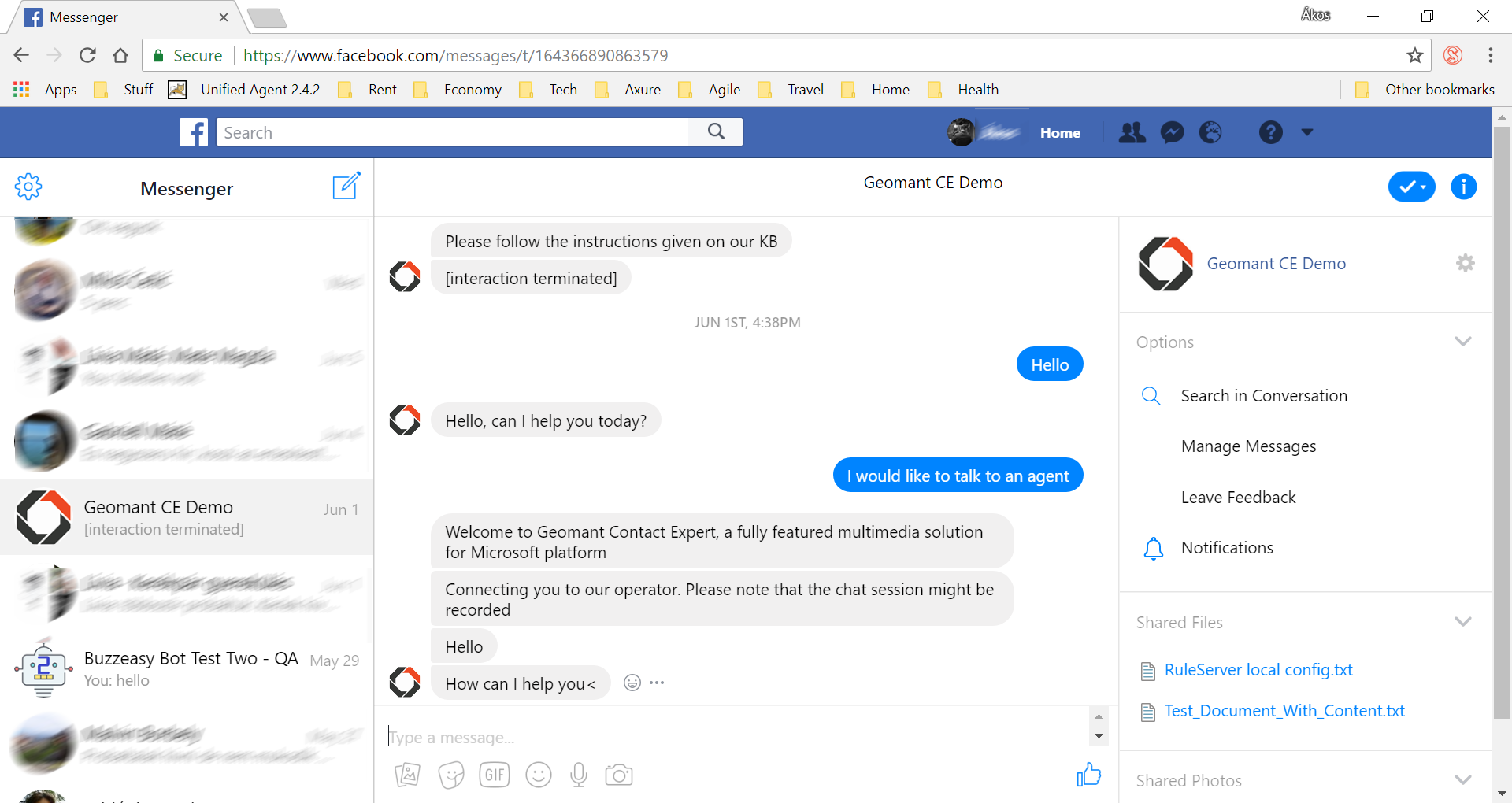 Facebook chat customer interface