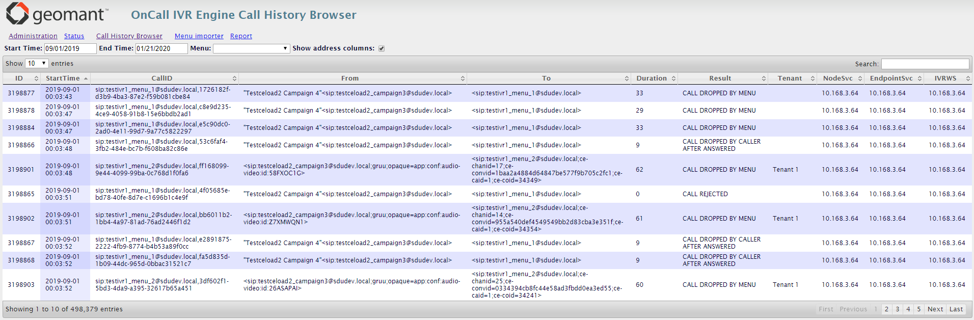 IVR Engine Call History Browser